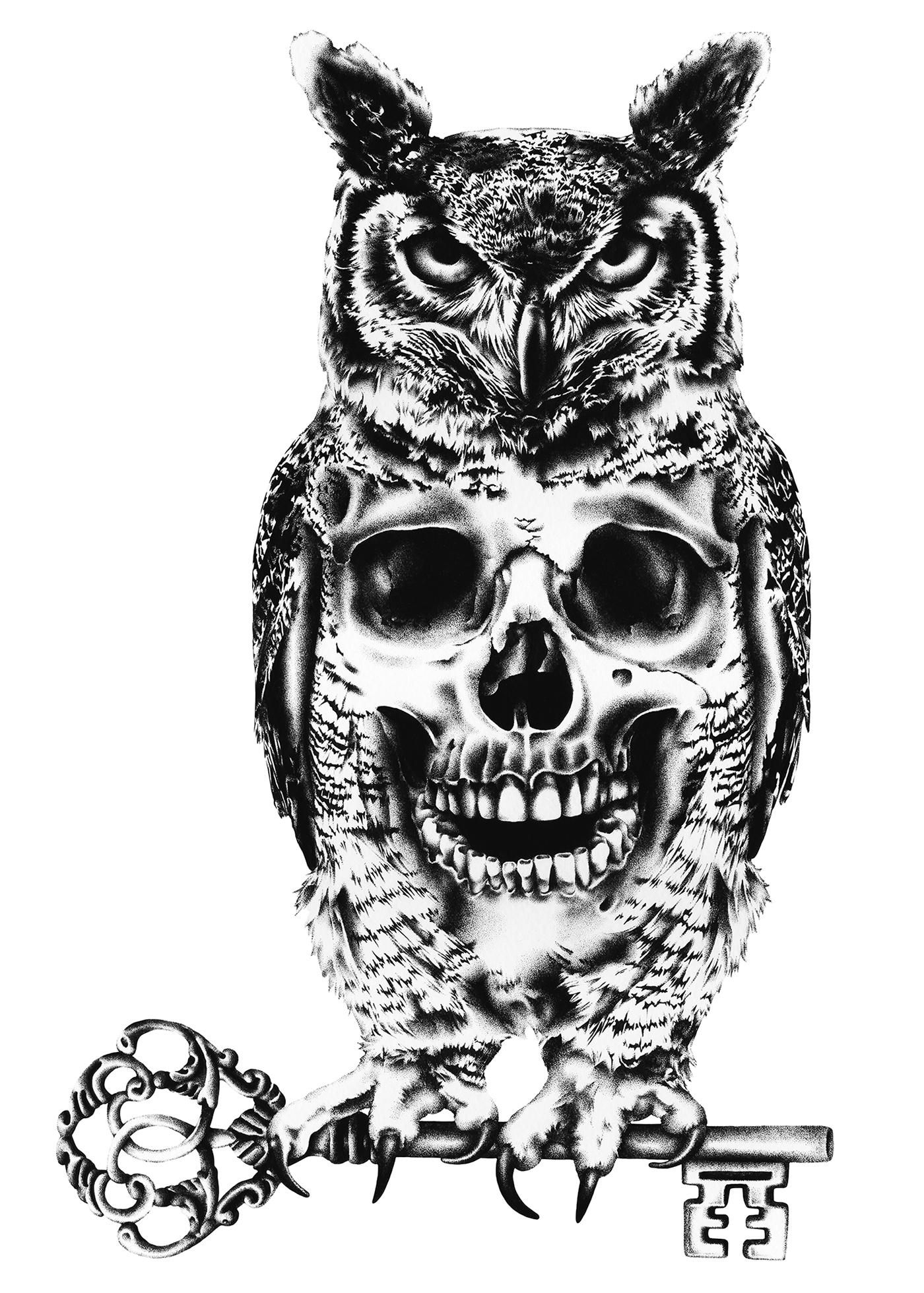 owl key skull tattoo print dot dot art line art branding  advertise