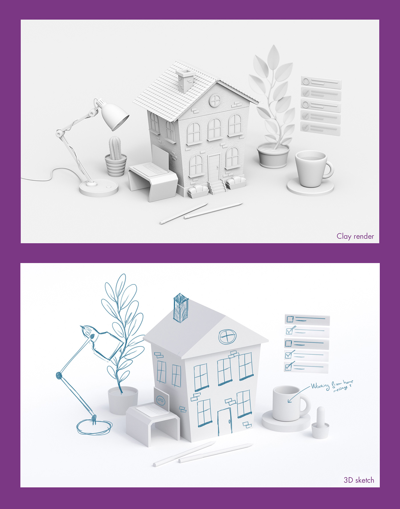 3D 3D illustration building home house Isometric Office stylized Work  working from home