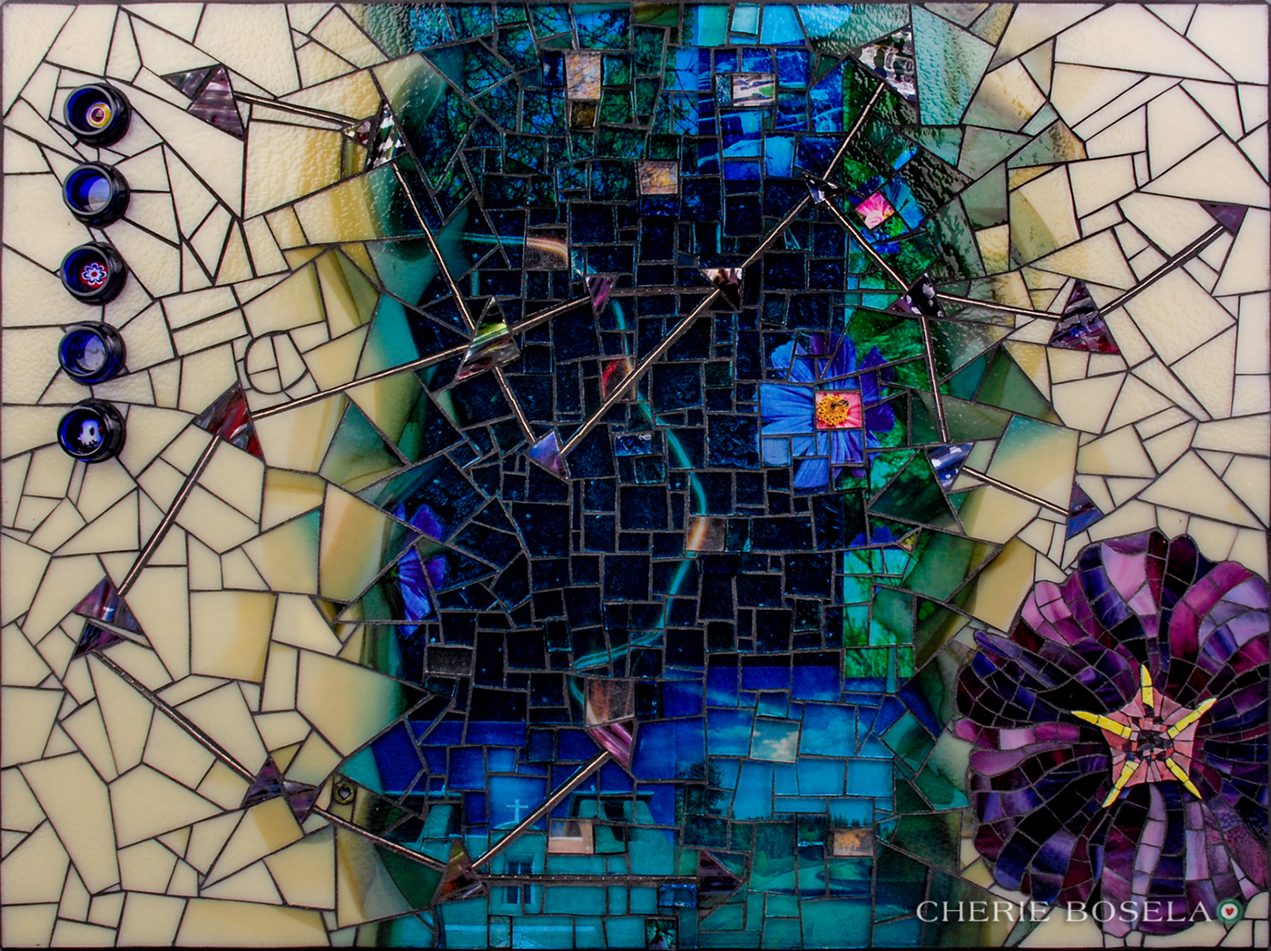Fine Art Mosaic mosaic glass Taos New Mexico flower Earthships constellation wine bottles smalti