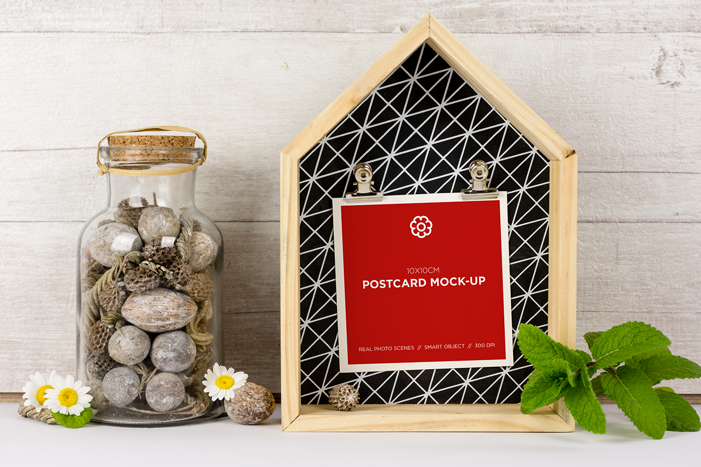 postcard mockup product mokcup styled scenes custom scene wooden house message Flowers mint natural green