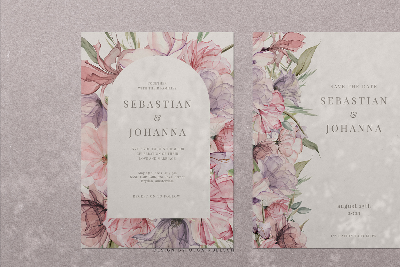 Watercolor pink floral wedding invitations