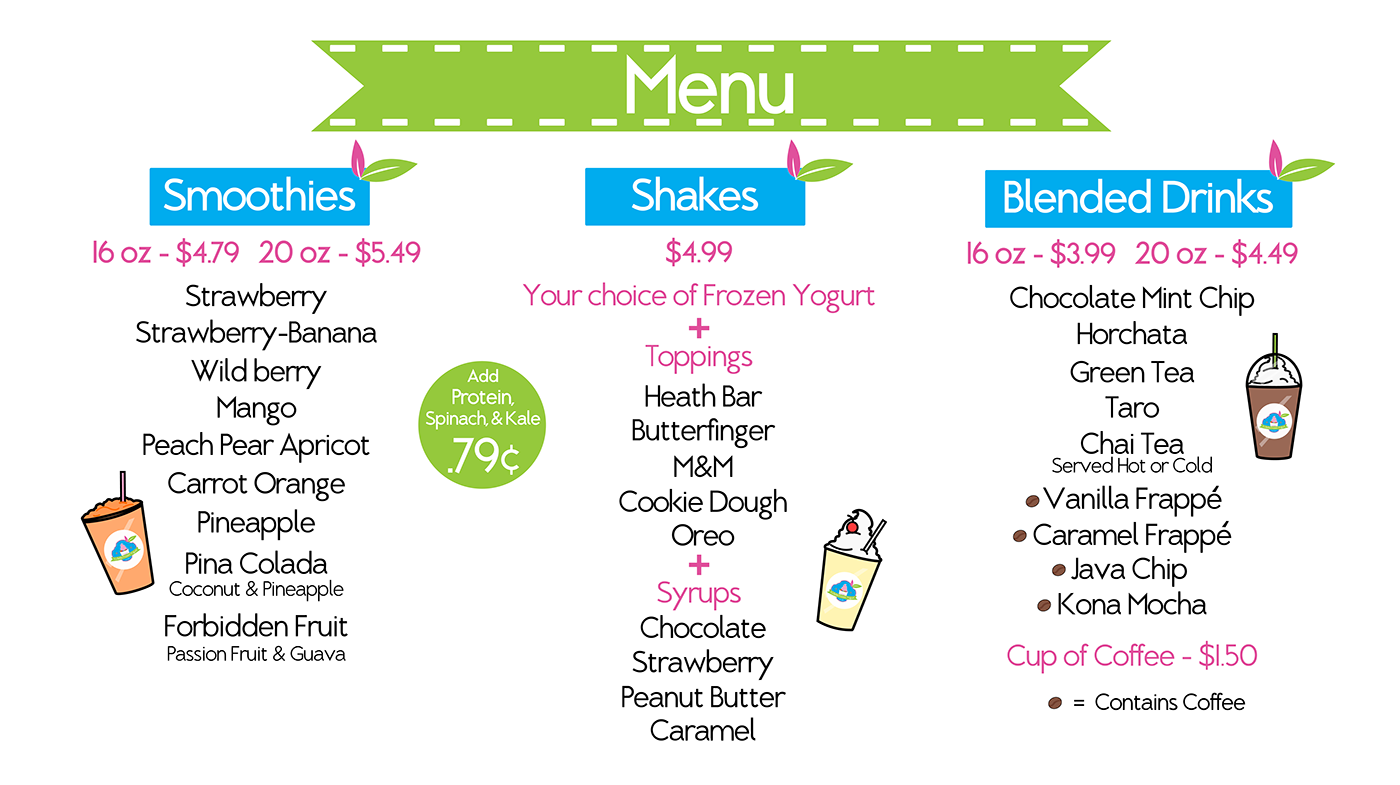 menu design Rebrand frozen yogurt colorful smoothies milkshakes Coffee
