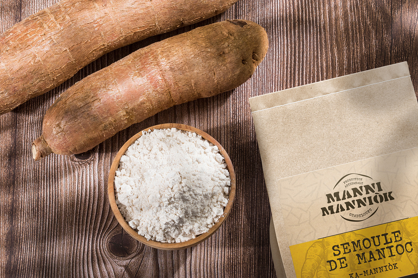 artisanal Caribbean étiquettes flour Guadeloupe identité visuelle kraft paper Label manioc Packaging