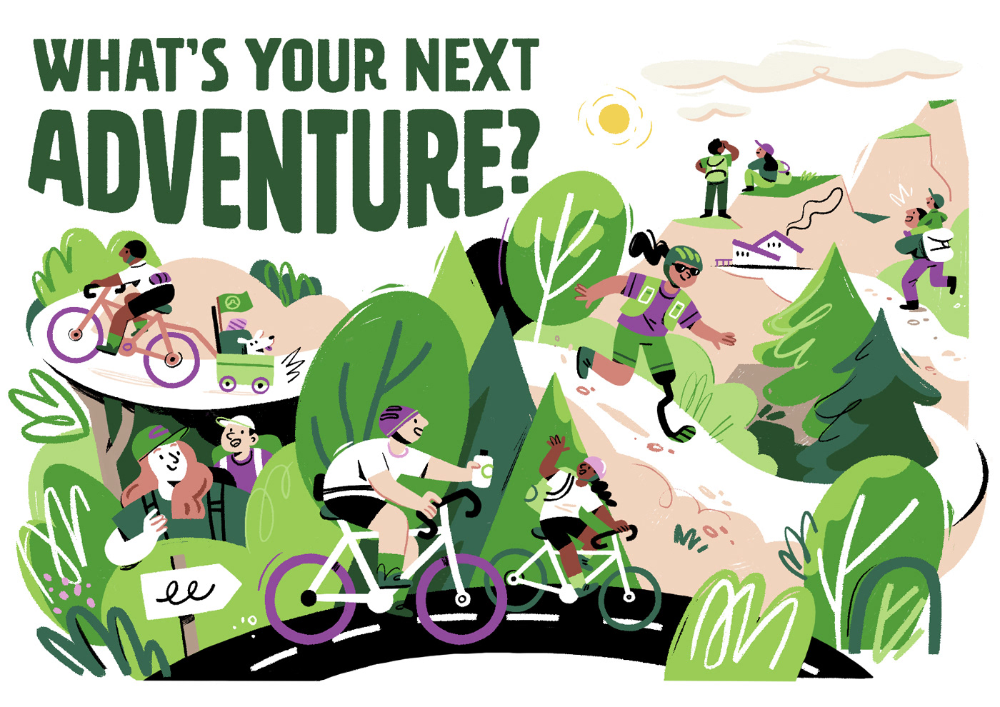 People doing sports outdoor editorial illustration 