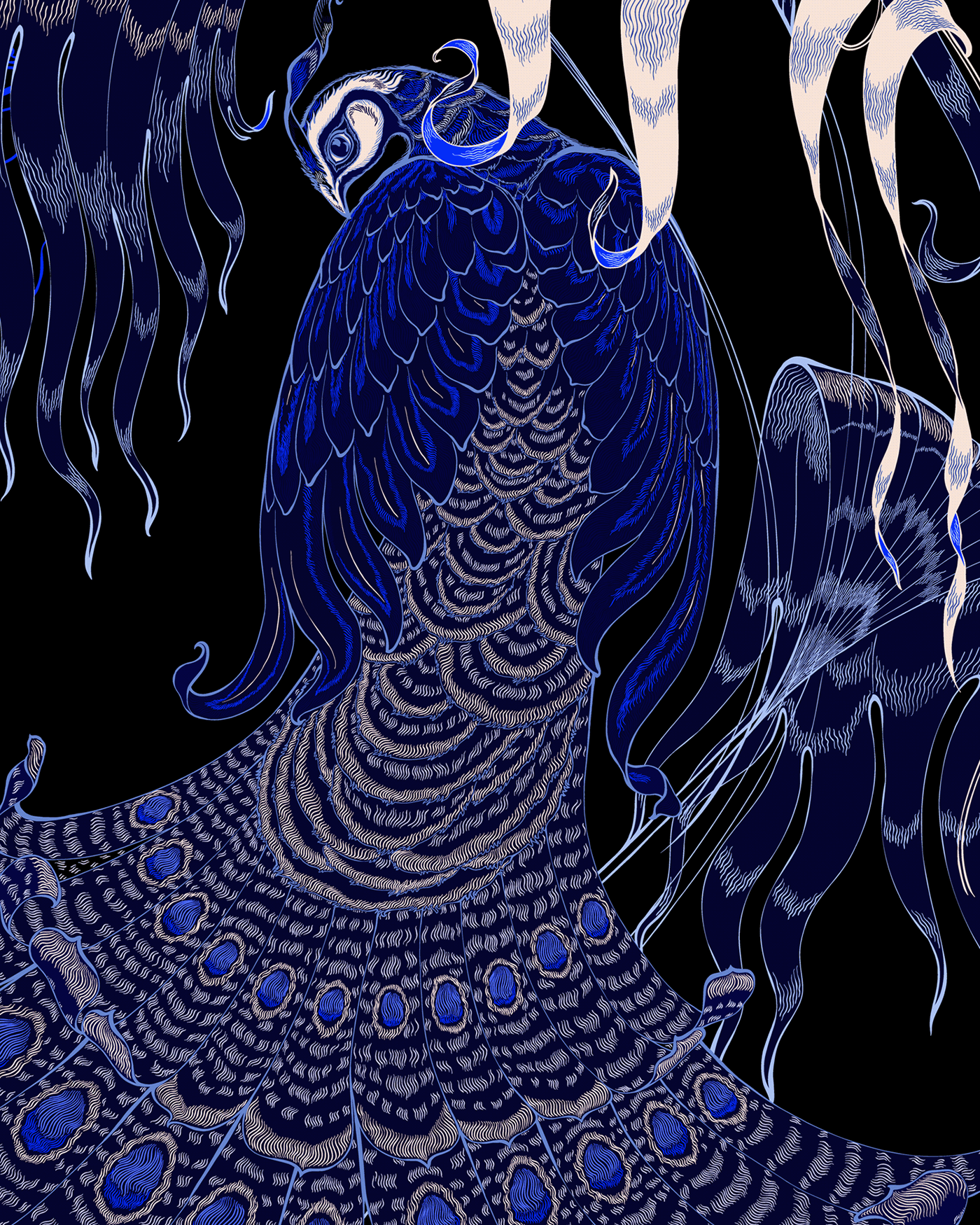 art nouveau black blue hand-drawn jeweltone moon moon river palawan peacock peacock Tropical