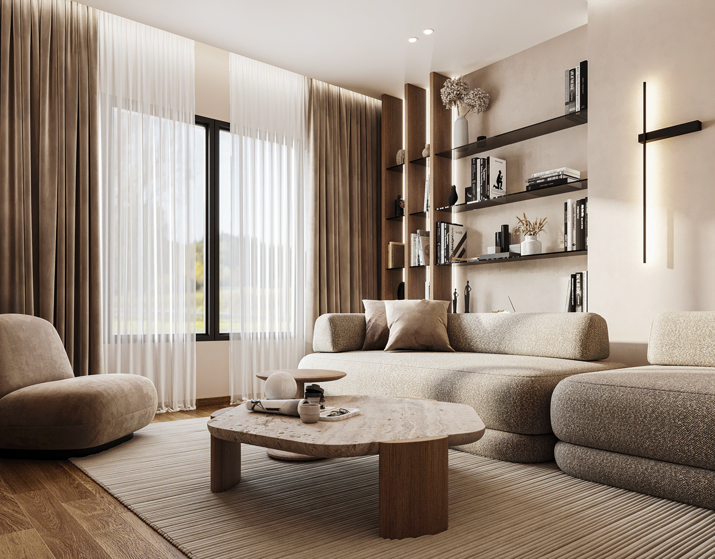 living area interior design  living room modern boho bohemian design CGI visualization architecture