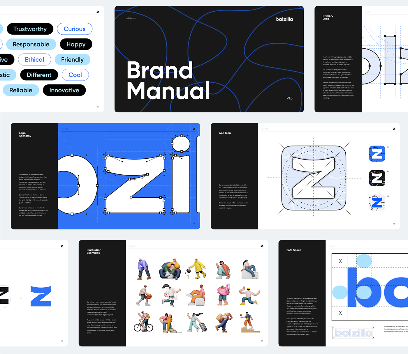 brand attributes, primary logotype, logo anatomy, app icon, 3D illustrations samples, and logo 
