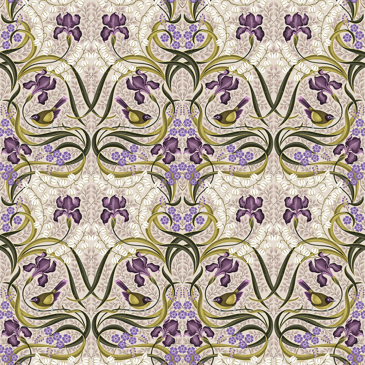 Seamless pattern design featuring bellbirds, lilies of the valley, forget-me-not and iris flowers.