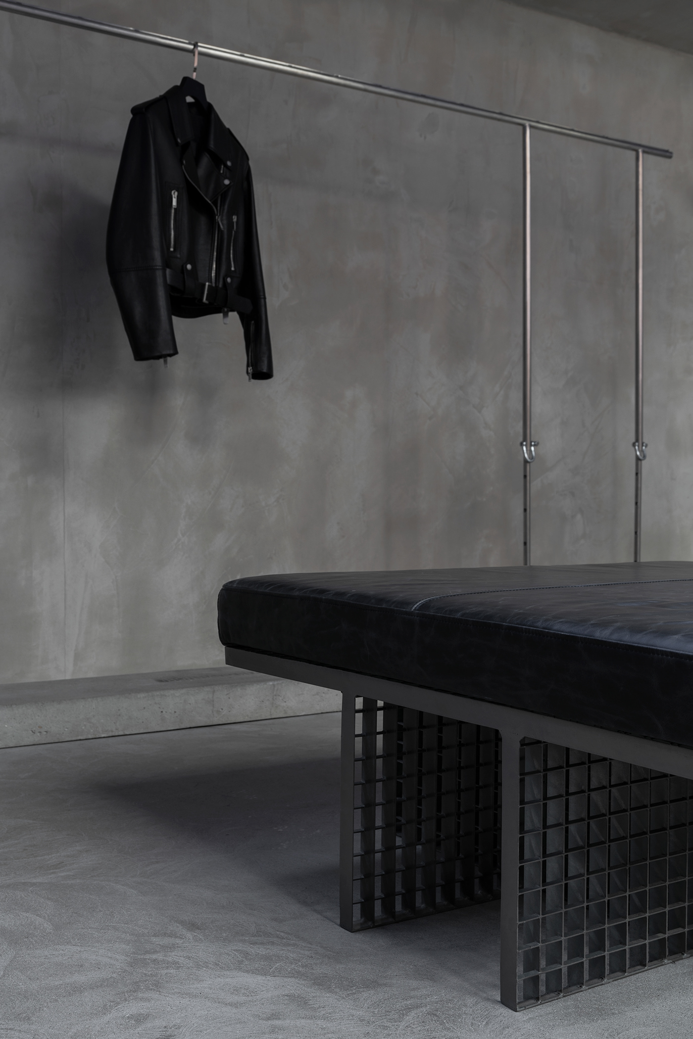 Brutalism concrete leather metal monochrome plywood store design Minimalism interior design 