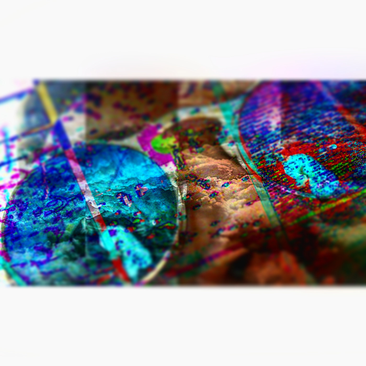 Trippy double exposure colored composition of a picture of a visage with sunglasses and a bedsheet

