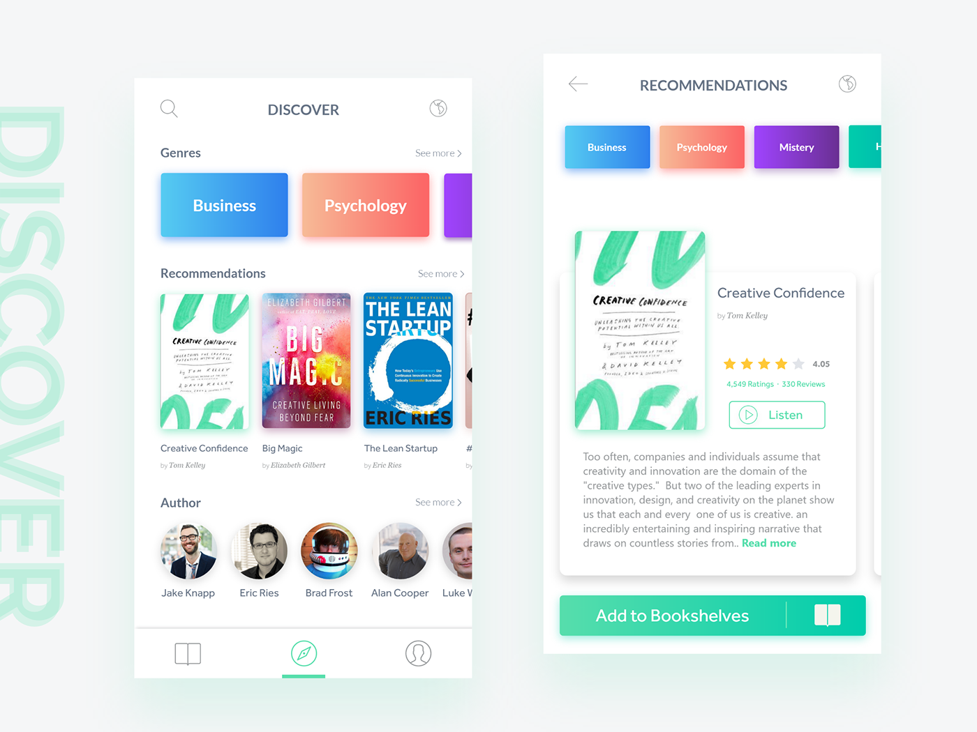 app concept books UI ux ios android discover design