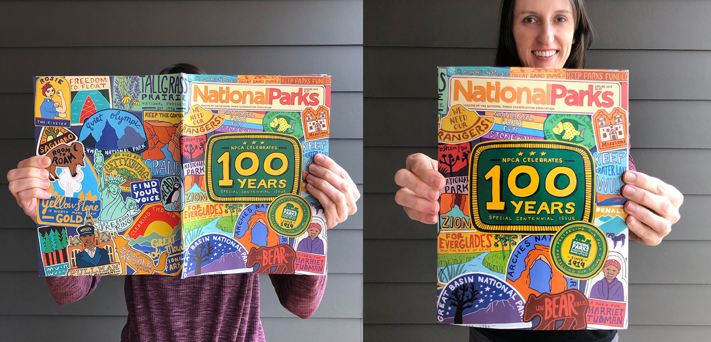 national parks NPCA Magazine Cover Magazine illustration Editorial Illustration centennial national park stickers park patches Colorful illustration HAND LETTERING