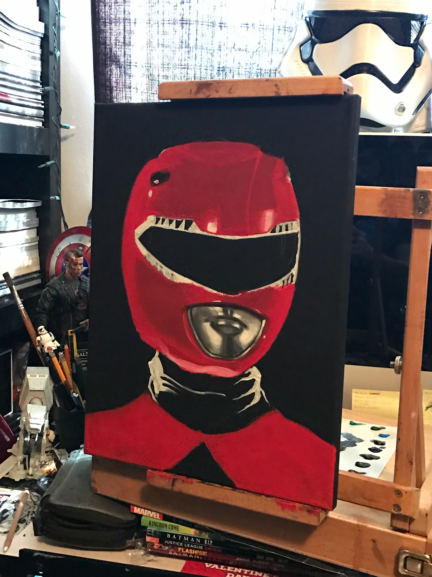 Power Rangers mighty morphin red ranger Helmet painting fan Airbrush black canvas austin st john