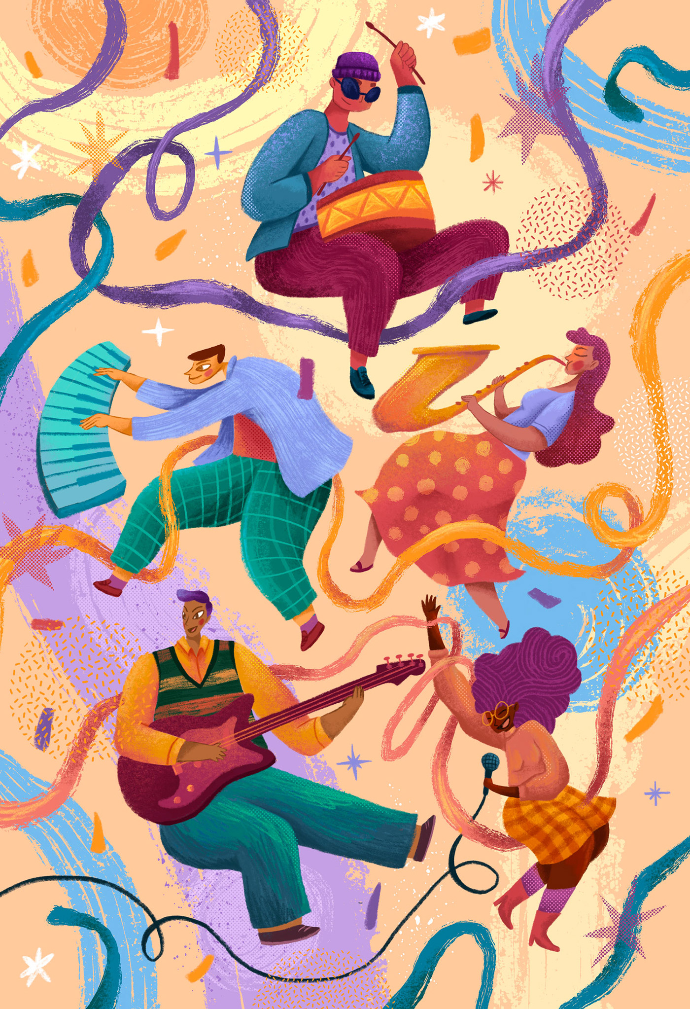 colorful DANCE   drums editorial ILLUSTRATION  jazz music musicians party people