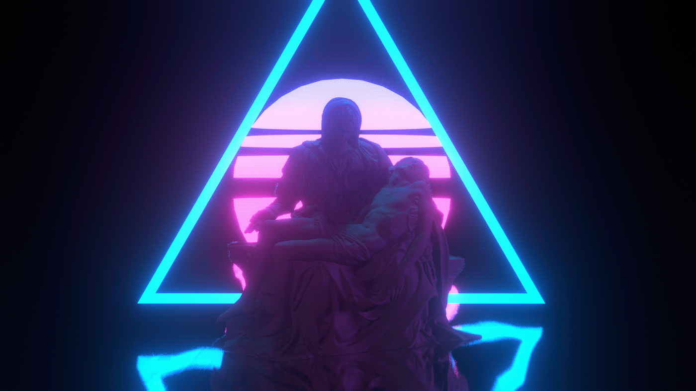 Pietà em um ambiente escuro com formas geométricas brilhantes em azul e rosa