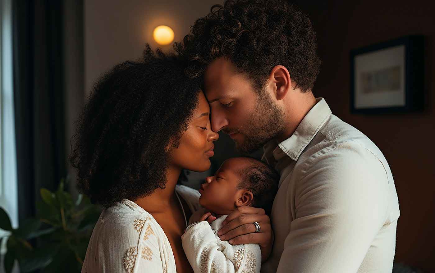 multiracial family mother newborn father Love child happy together son