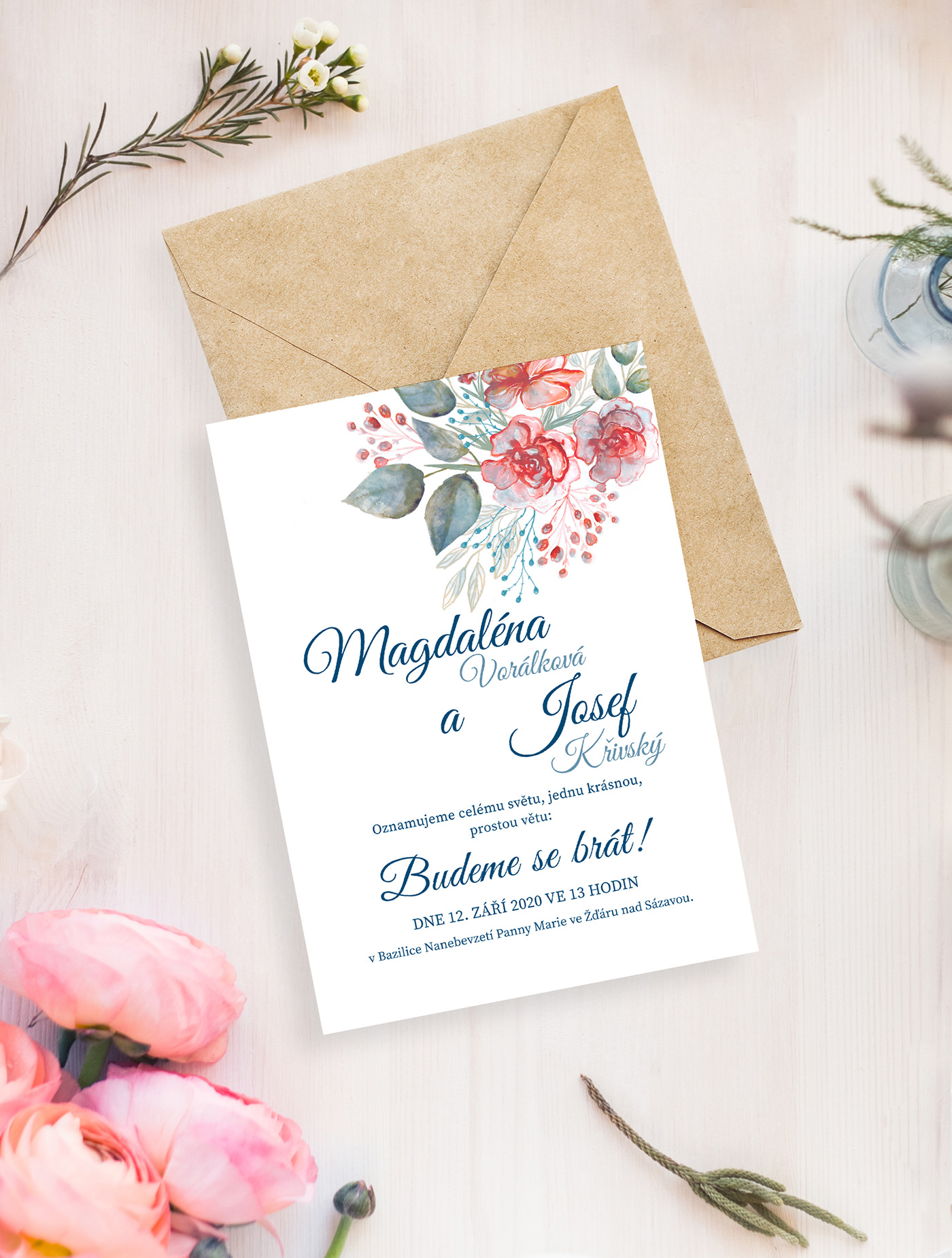 blue colorful Flowers Invitation pink rose Script watercolor wedding Wedding announcement