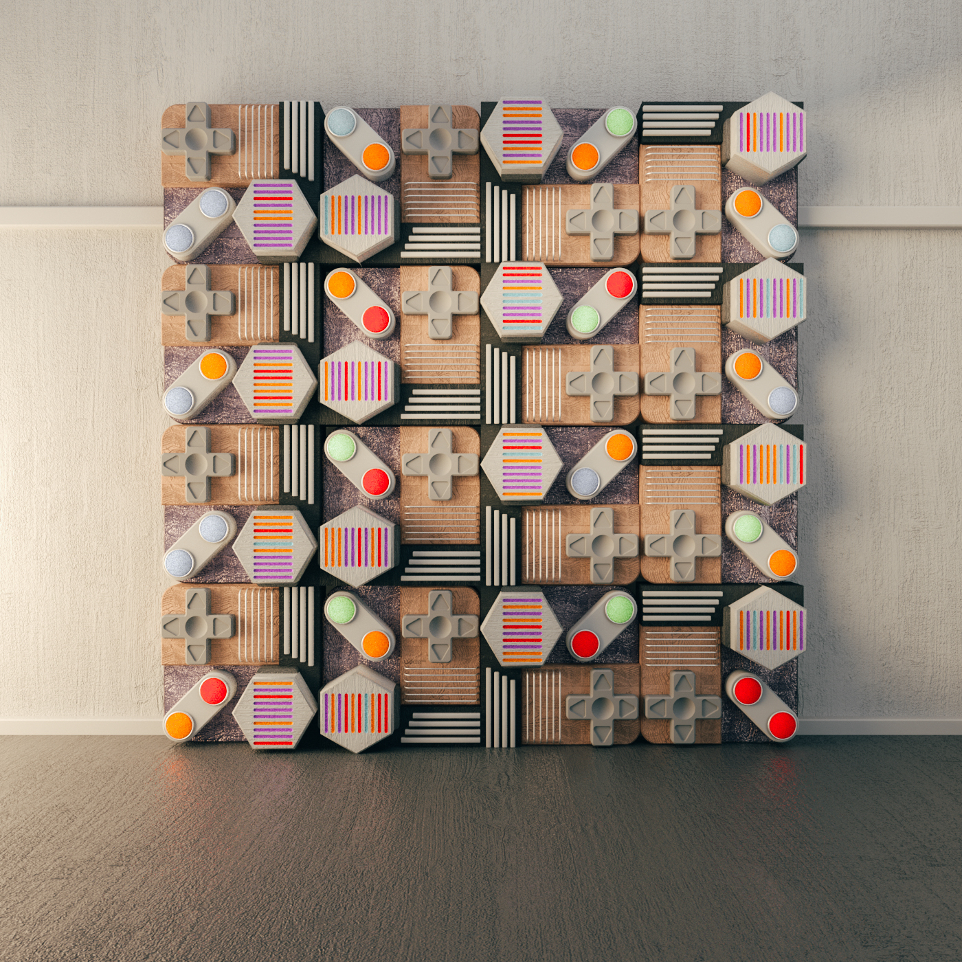 pattern retrogame module wood sculpture pantone tetris joypad installation 3dpattern