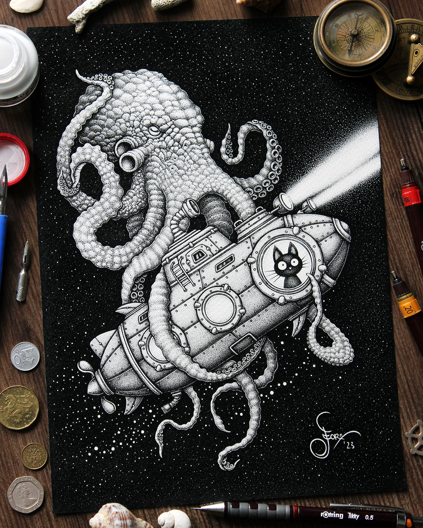dotwork inkart Pointillism submarine tentacles stippling Tshirt Design ink drawing Cat kraken