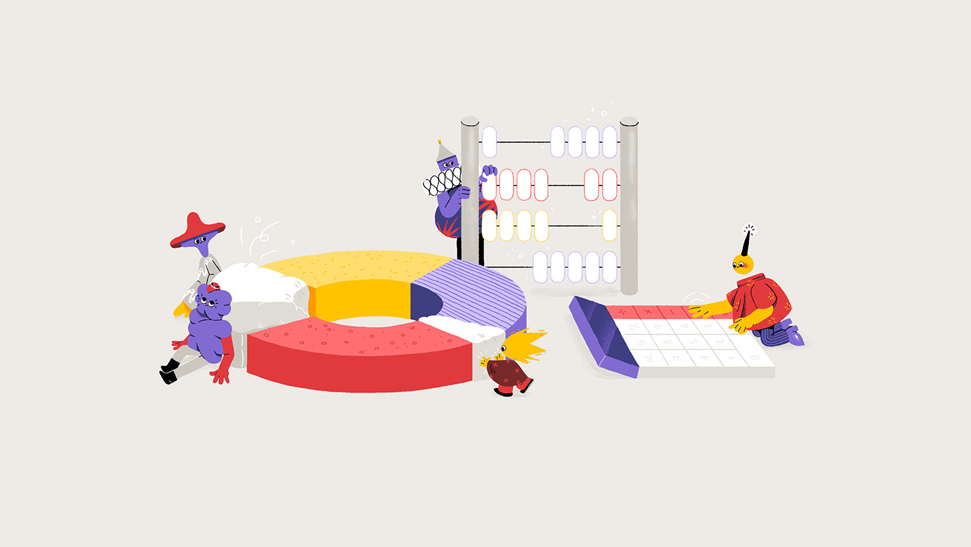 branding illustration for animation studio, magical characters calculating a project's budget