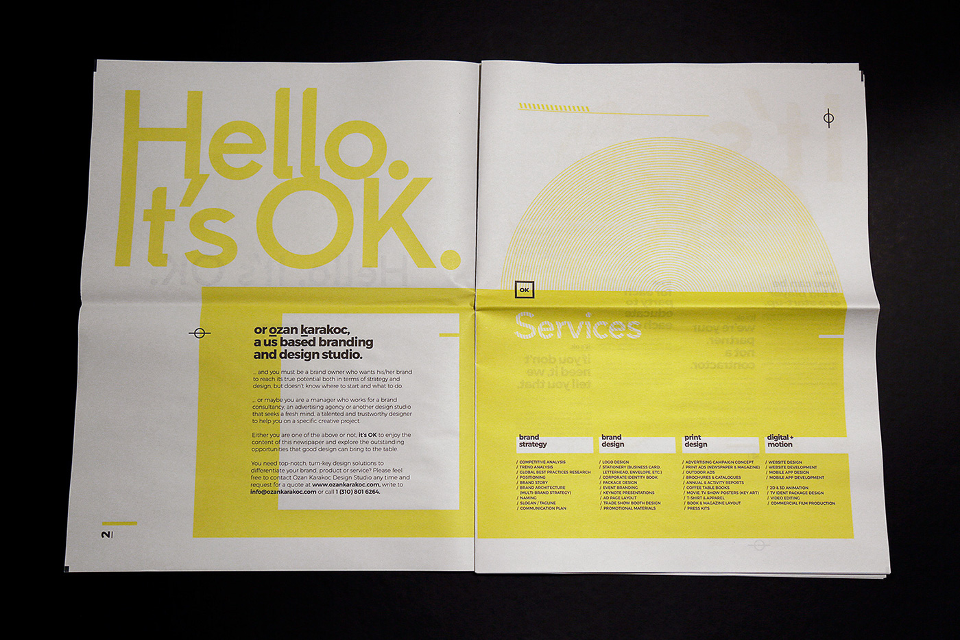 Self Promotion newspaper portfolio it's ok branding  yellow tabloid editorial Layout design studio