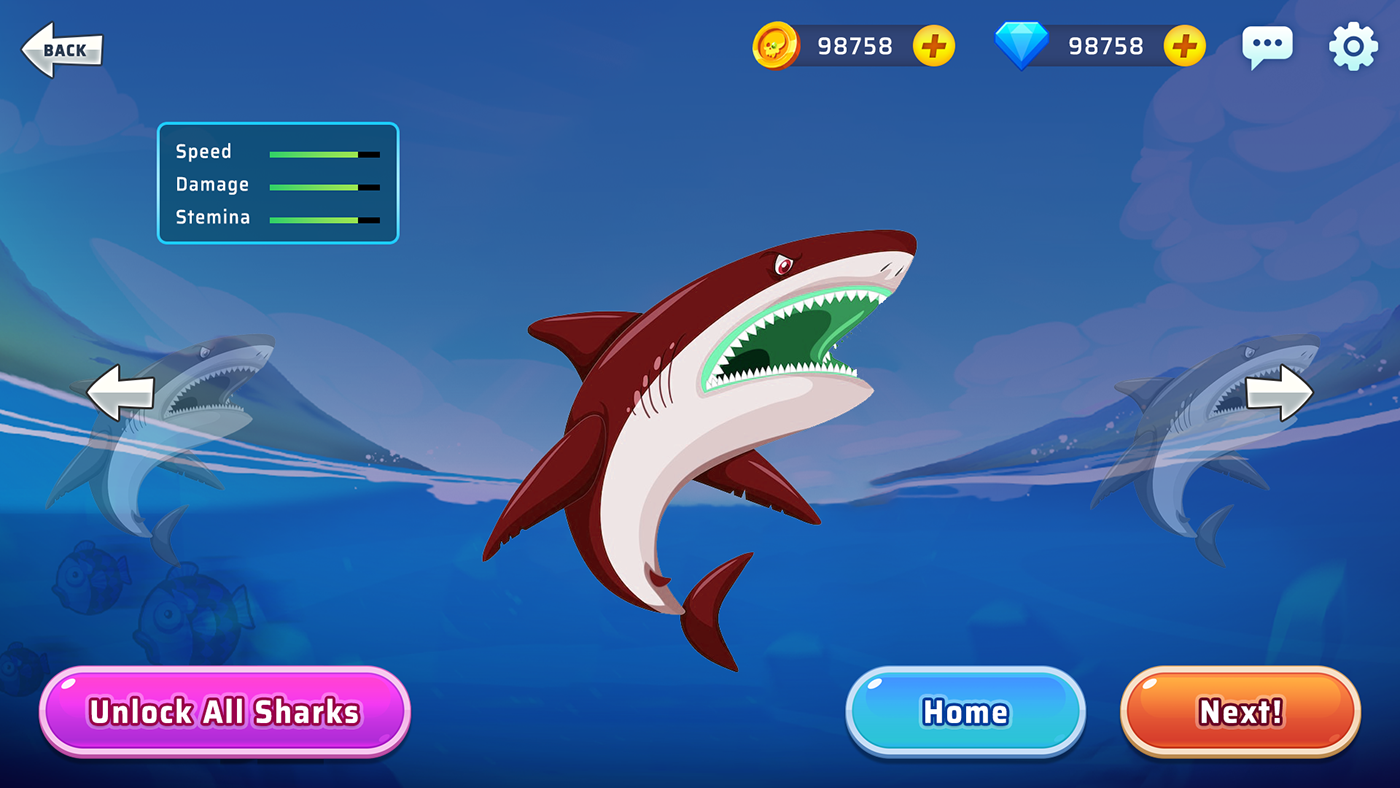 shark hunting game ui user interface UI/UX ui design game ui shark game ui UI fish game ui SHARK HUNTING GAME UI