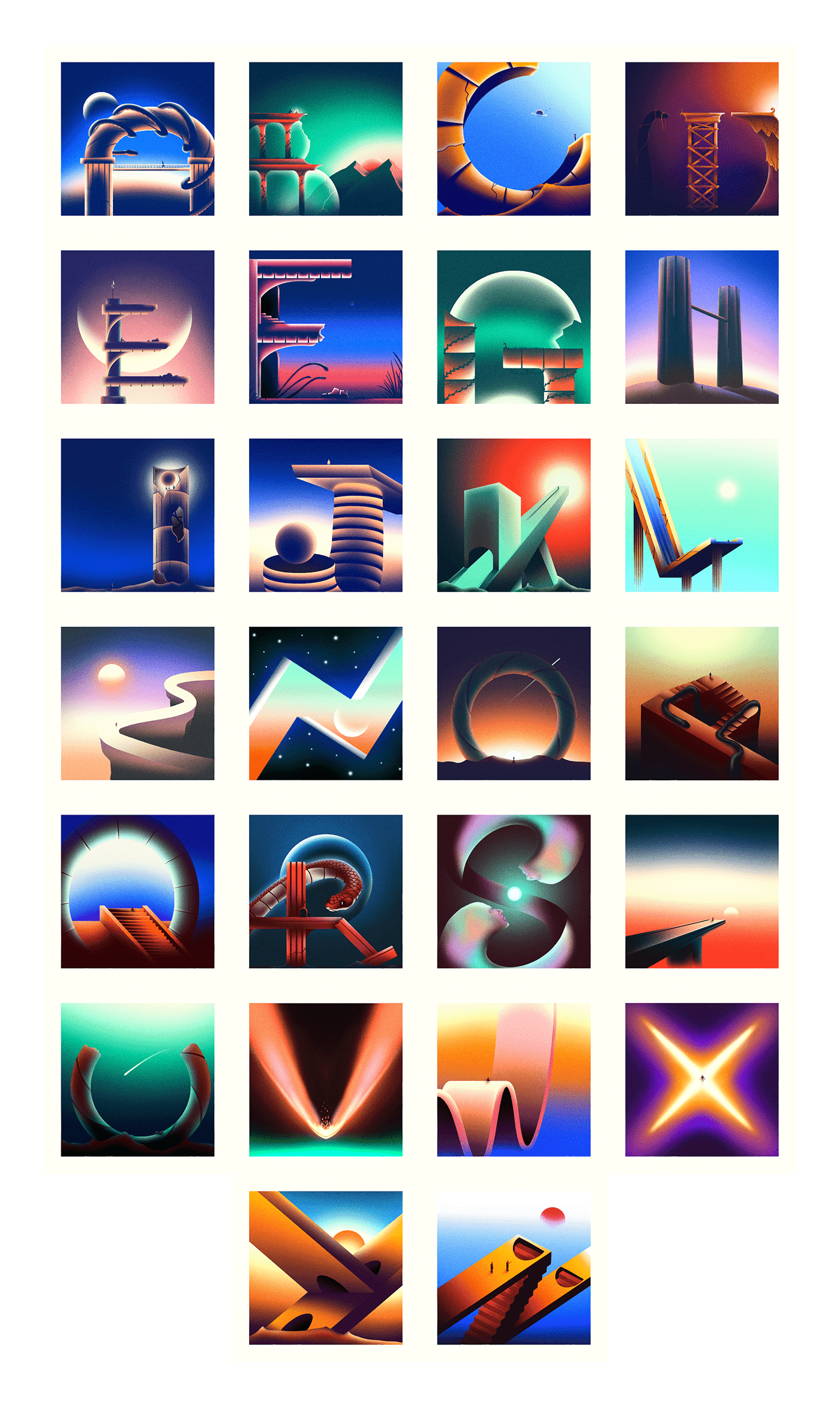 Set of custom illustrated letters - color