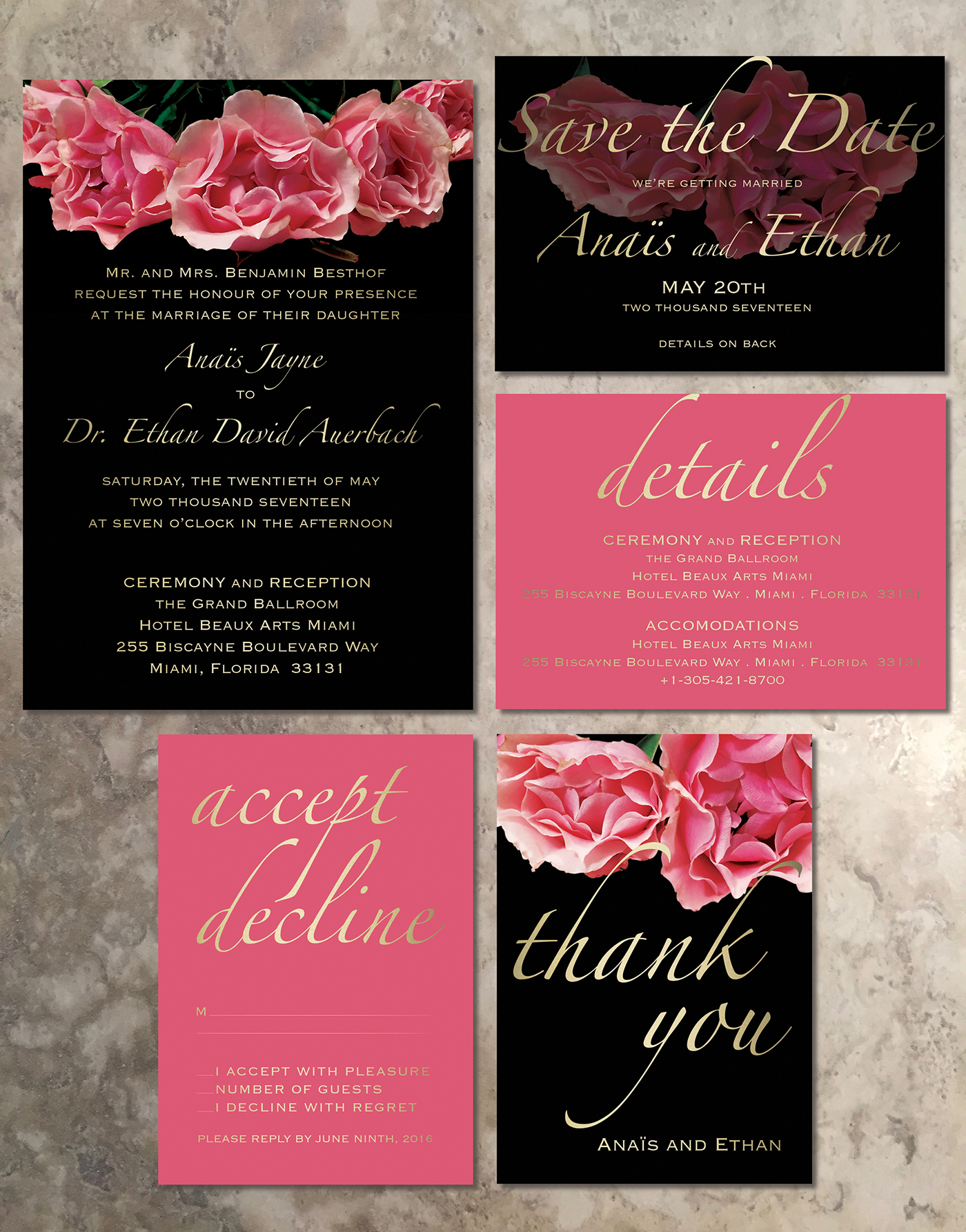 wedding Invitation Roses Flora flower gold black