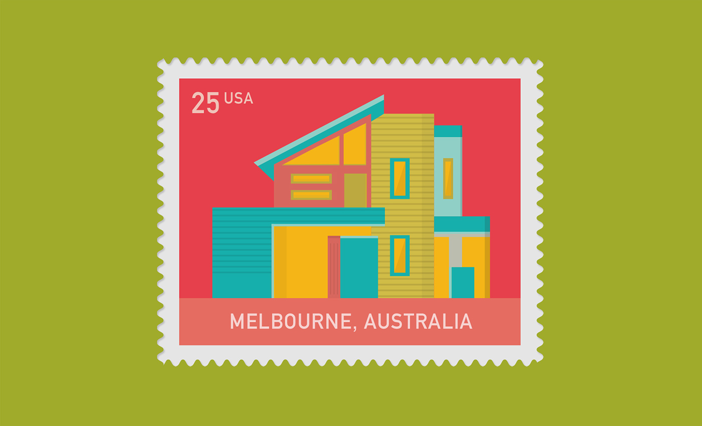stamps modern architecture modern colorful Postage ILLUSTRATION  Stamp Design