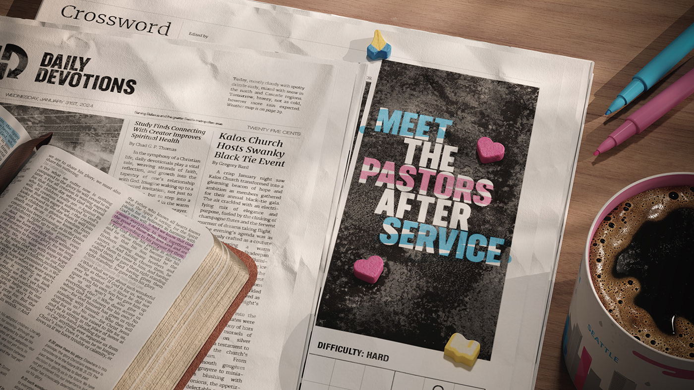 Bible sits on newspaper ad for a meet and greet with Pastors