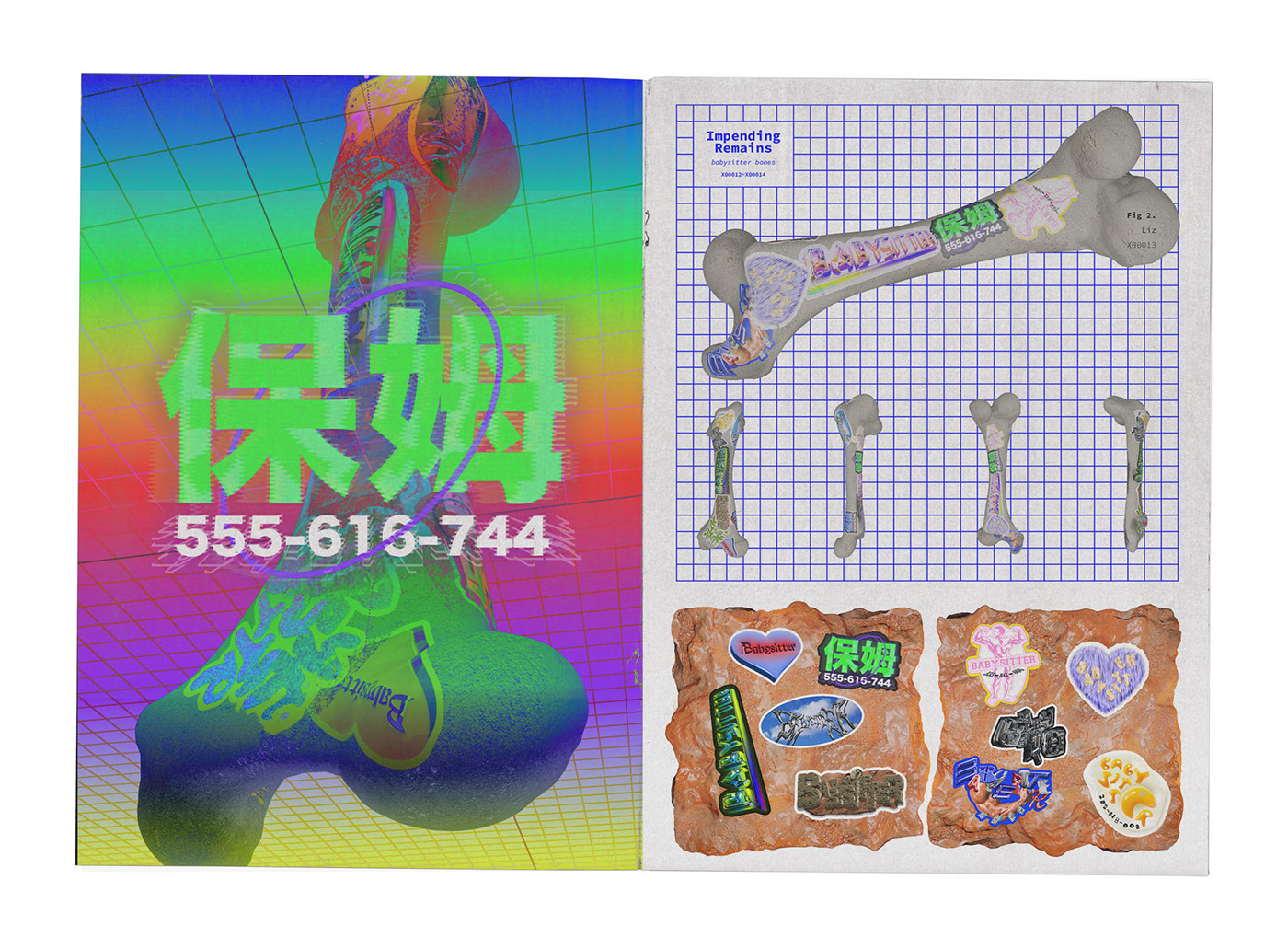 3d art collage Zine  3d scan blender bone graphic design  metaverse stickers Y2K