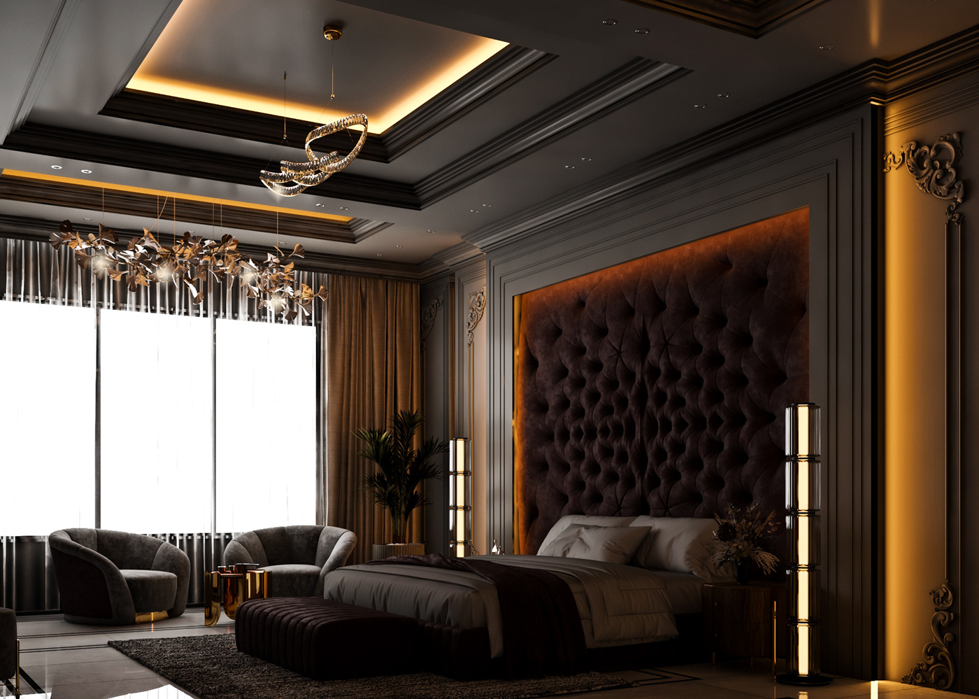 architecture interior design  Classic velvet light bedroom design Render