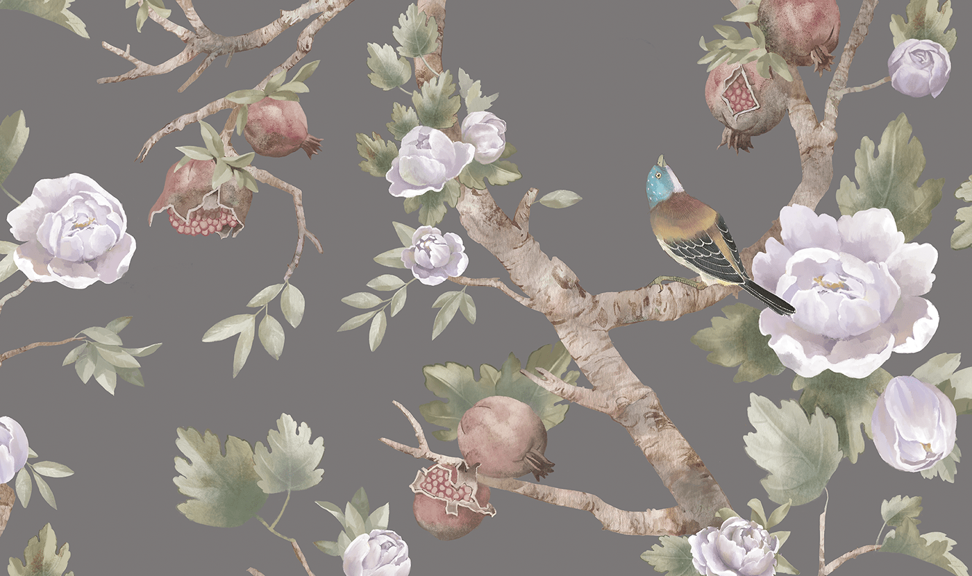 Wallpaper design pattern design  textile print chinoiserie birds trees Surface Pattern interior design  roses blossom