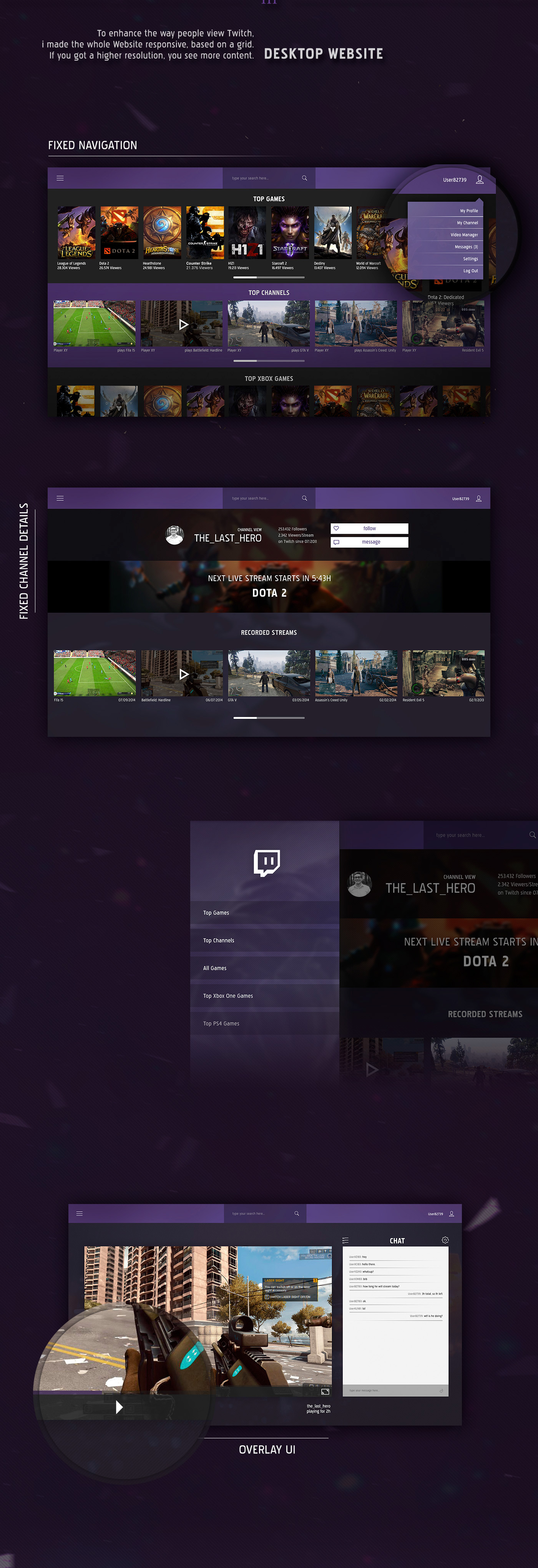Twitch redesign UI ux reponsive Game Streaming user interface user experience Overlay Webdesign Gaming photoshop new update