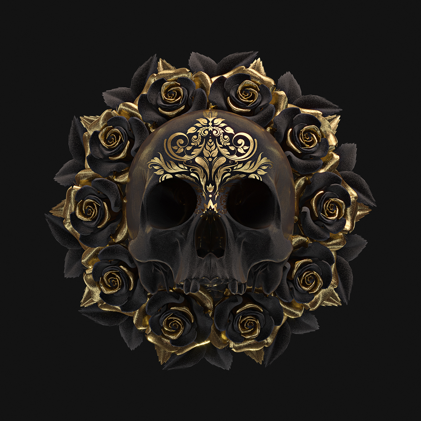 billelis ILLUSTRATION  3d art gold ornate skull symmetry pattern art direction  3D