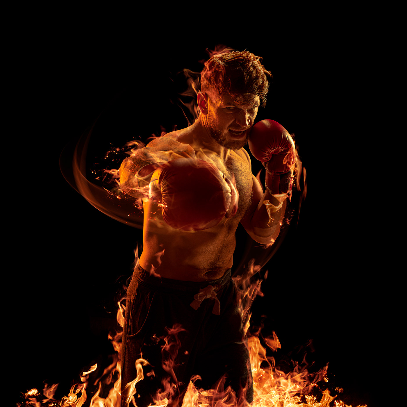 Boxer Boxing fire Flames retouching  sport studio