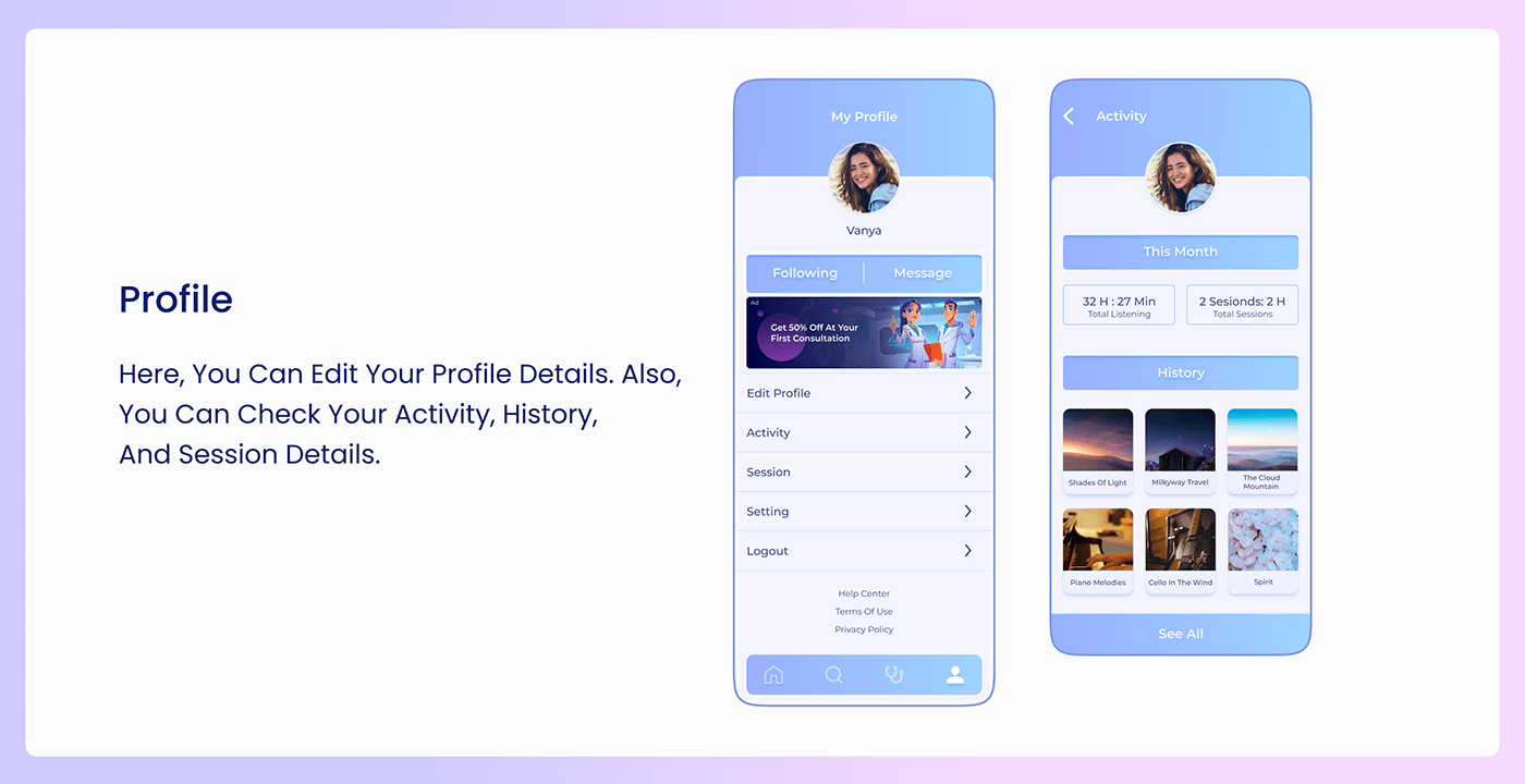 Mental Health App Mobile app Online therapy UI uidesign uiux UIUX design UIUX designer ux UX design