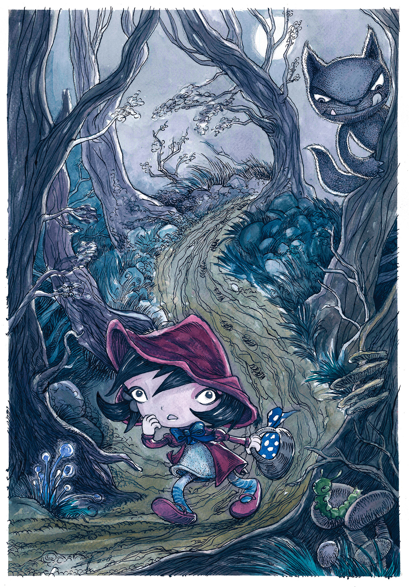 Red riding hood watercolor ink wolf Big Bad Wolf forest Grimm Fairytale brothers grimm
