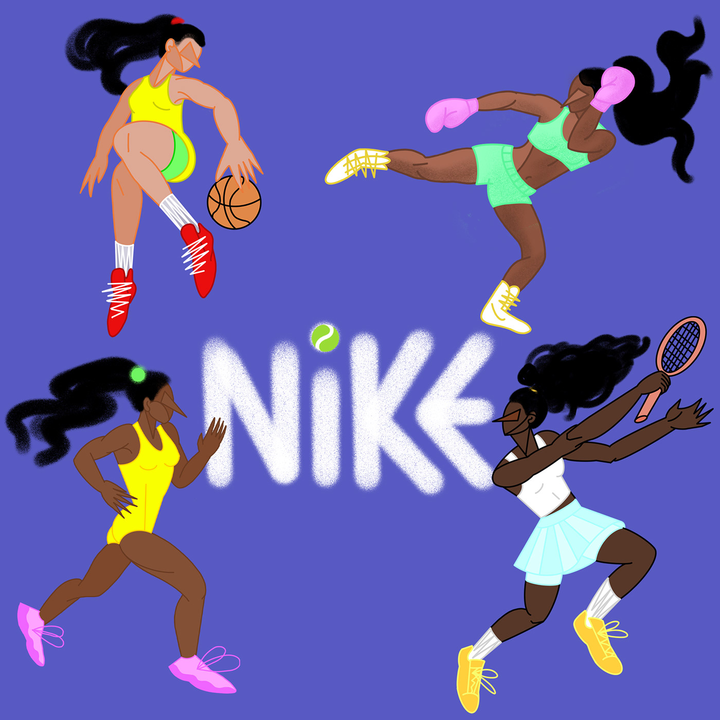 Nike Sportswomen Visuals illustration editorial print  poc black basketball tennis kickboxing runnin