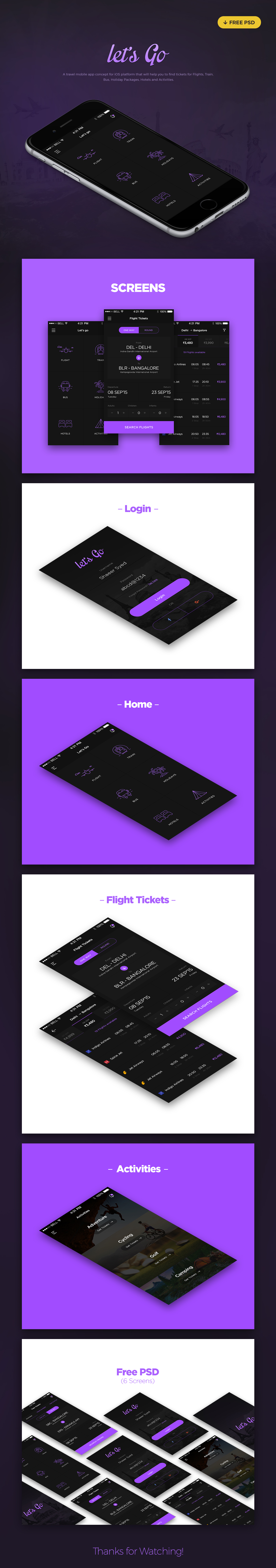 UI ux Travel app concept free psd ui kit flight ticket train hotels holidays mobile ios