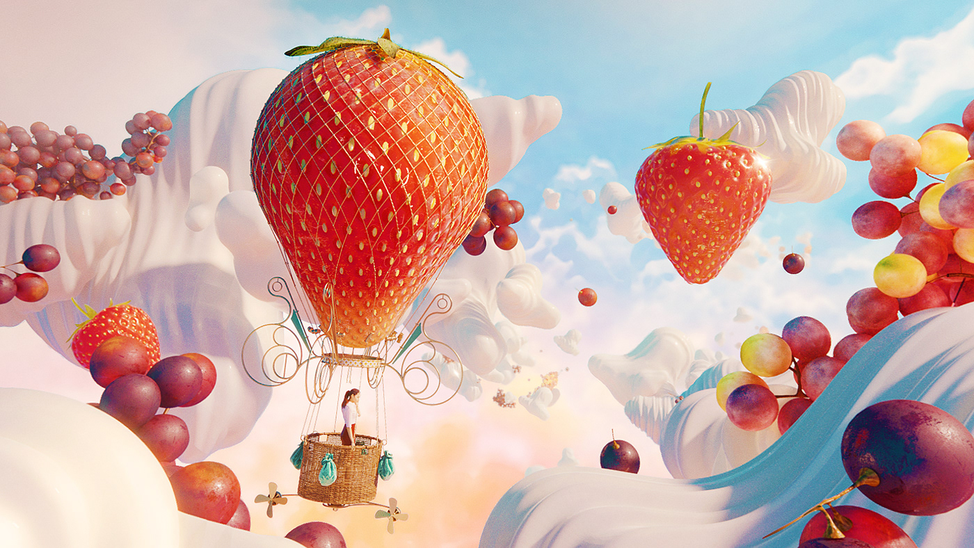 balloon Candy CGI fantasy grapes gum strawberry surreal whimsical Yogourt