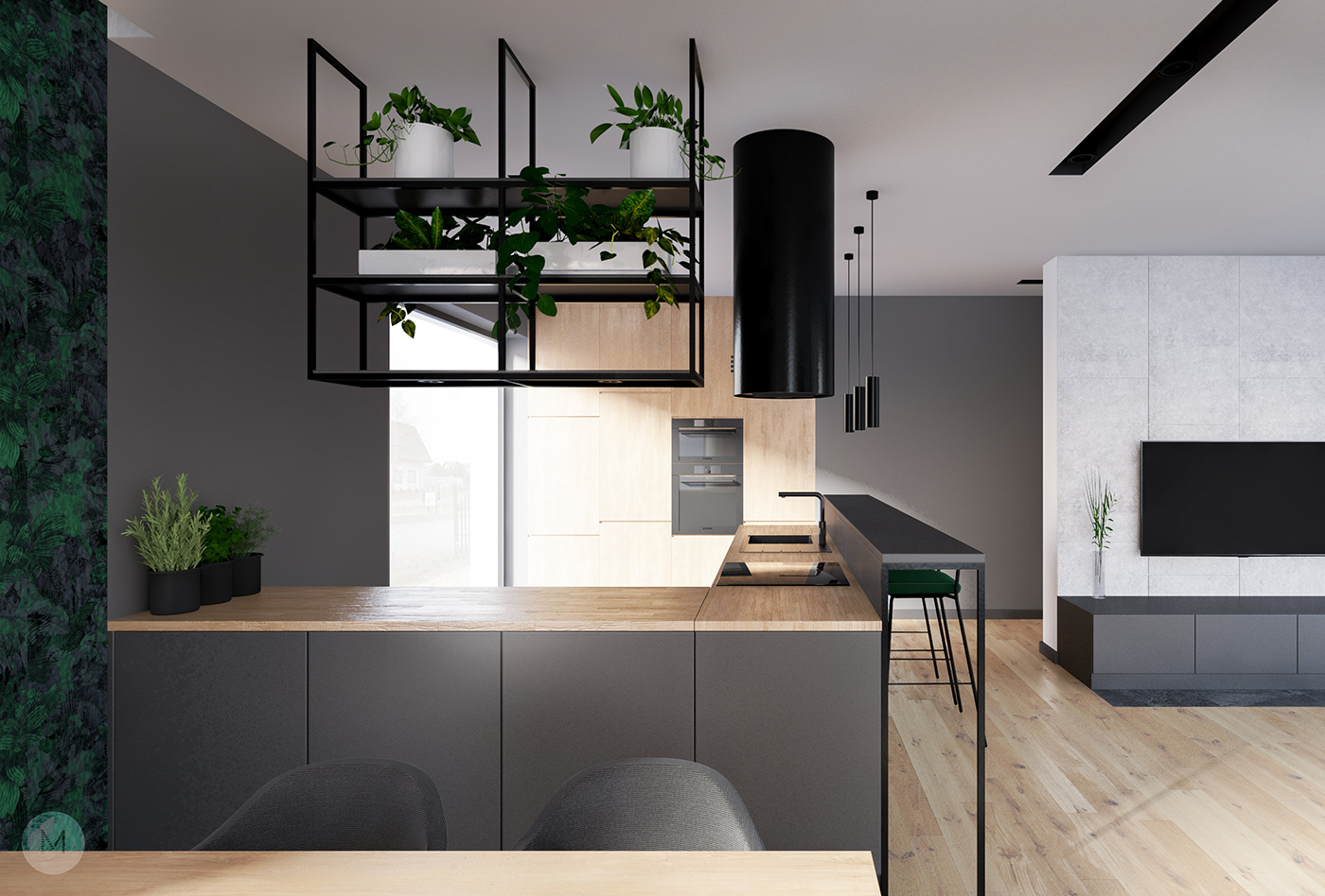 concrete green Interior kitchen kitchen design living room Minimalism modern modern interior wallpaper