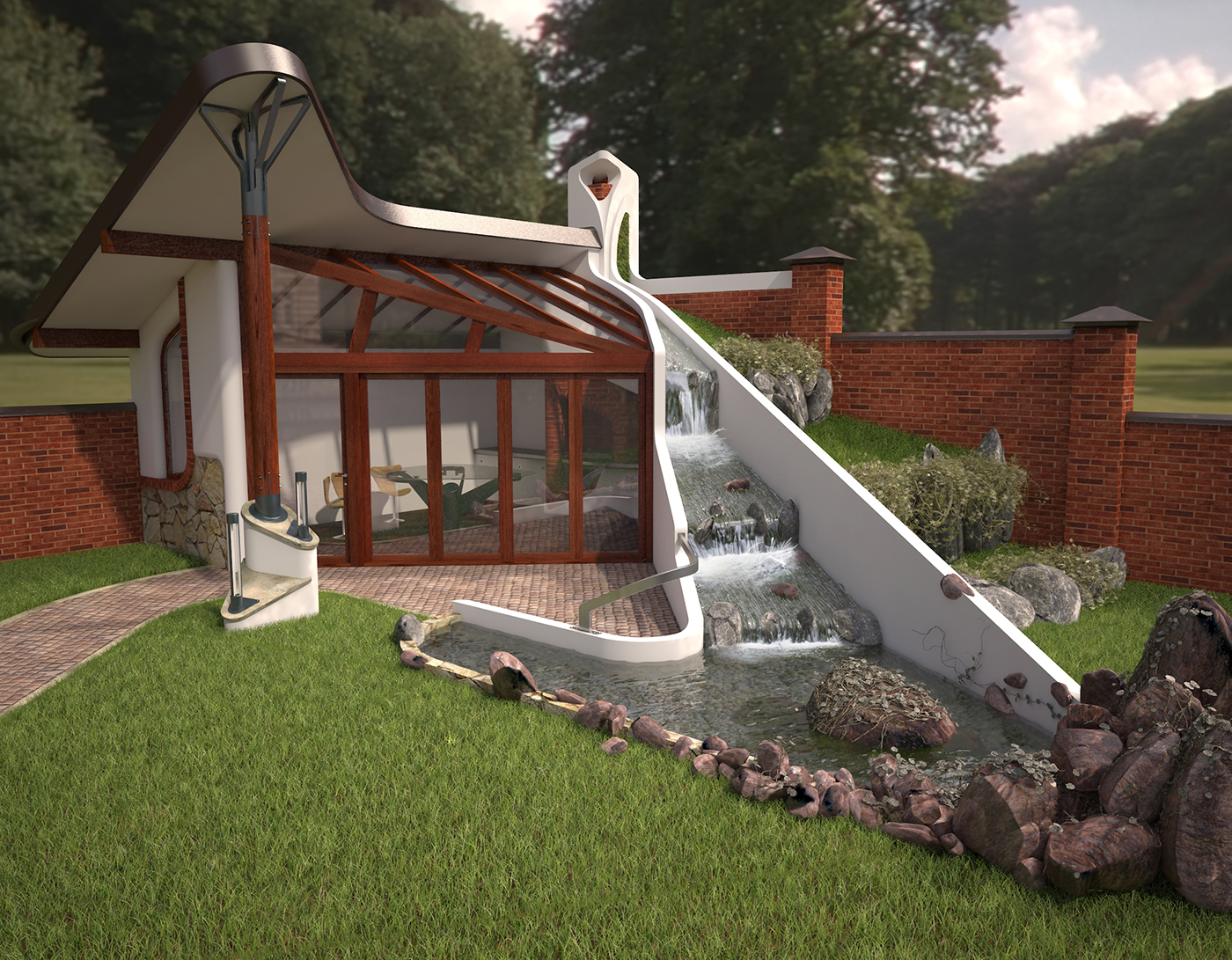 Garden House landscaping architecture water cascade Brazier B-B-Q Interior bower FUTURISM