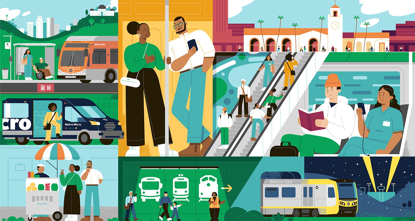 Illustration for Los Angeles Metro of various riders traveling across LA on various modes of transit