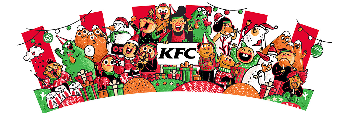 branding  cartoon Character design  Christmas Fast food ILLUSTRATION  KFC new year Packaging winter