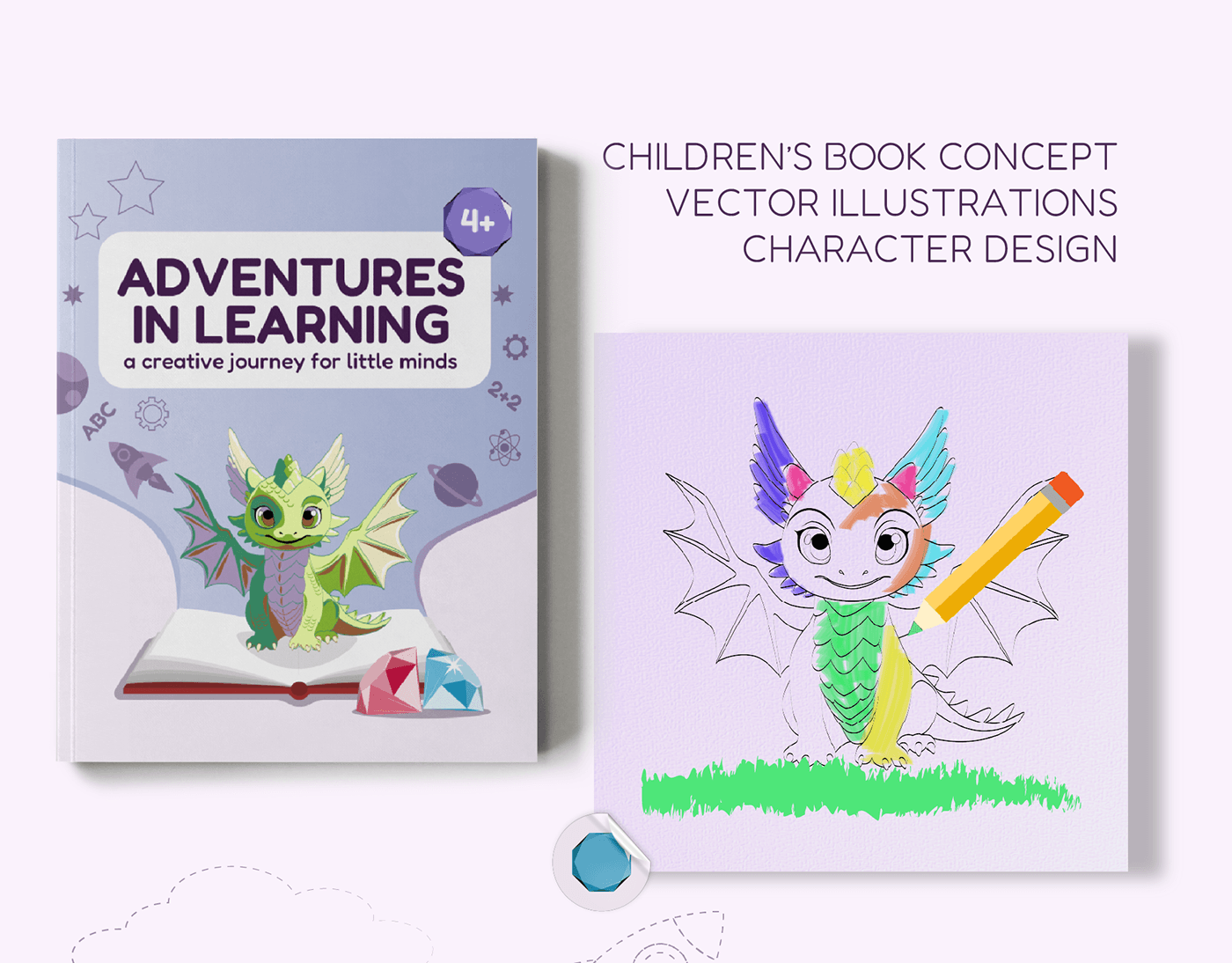 children's book cover, vector illustrations, character design, dragon