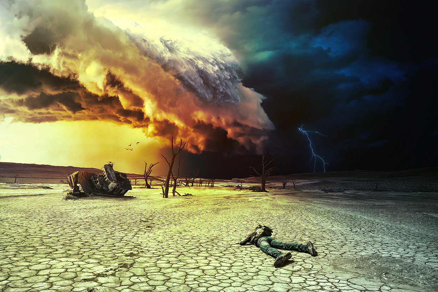 apocalipse concept desert dramatic man photomanipulation Shipwreck storm surreal waves