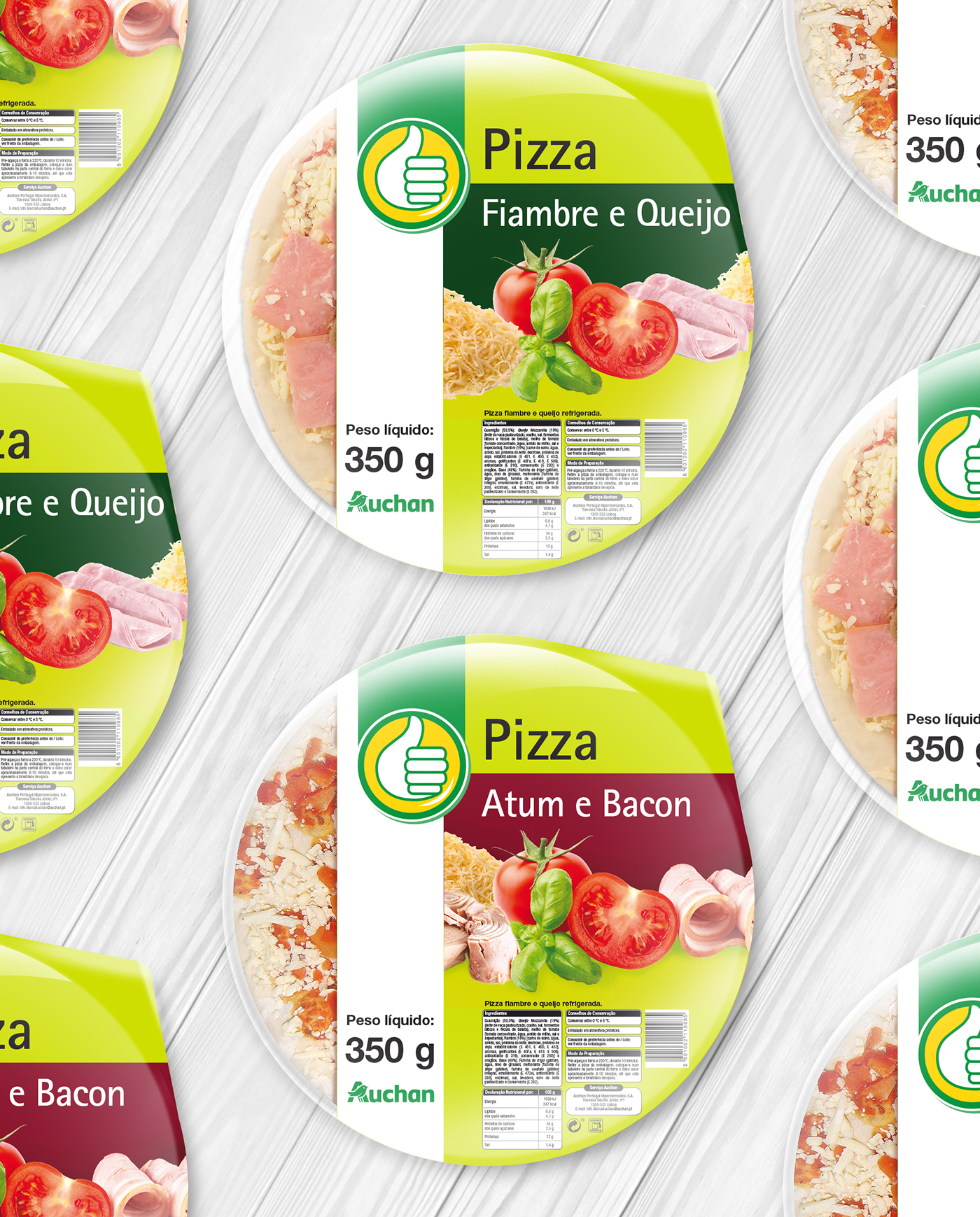 Pizzas Label print Packaging bacon Cheese polegar Auchan ham tuna