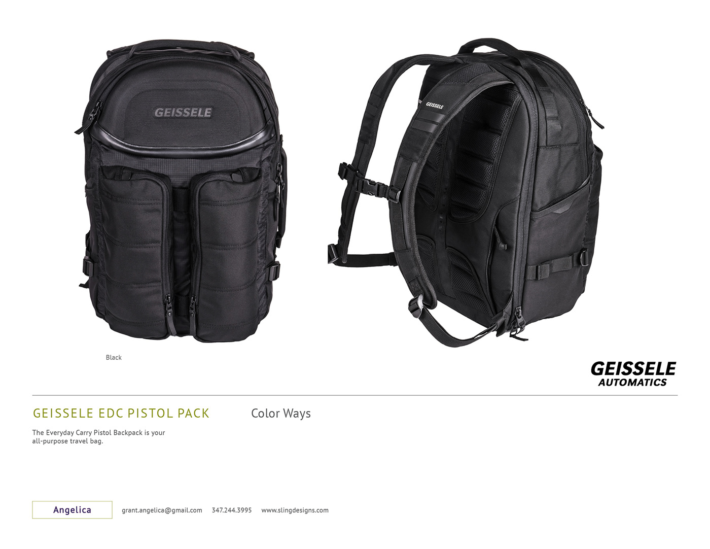 Angelica Grant backpack designer concealed carry backpack edc backpack Geissele Automatics industrial design  tactical Travel Backpack VELCRO HOLSTER SLINGDESIGNS