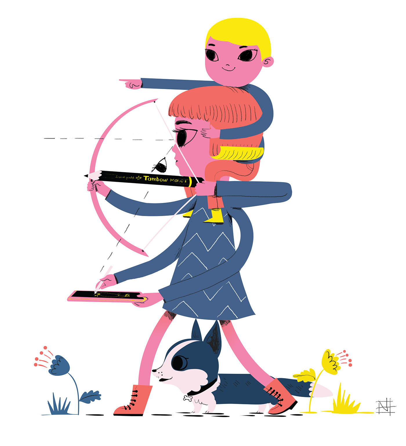 pencil archer Mum mom Working Mother illustration with children new baby Illustrator multitasking